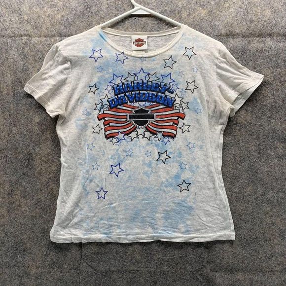 Harley Tops - Harley Davidson Shirt Women's Large Casual Short Sleeve Outdoors White Blue